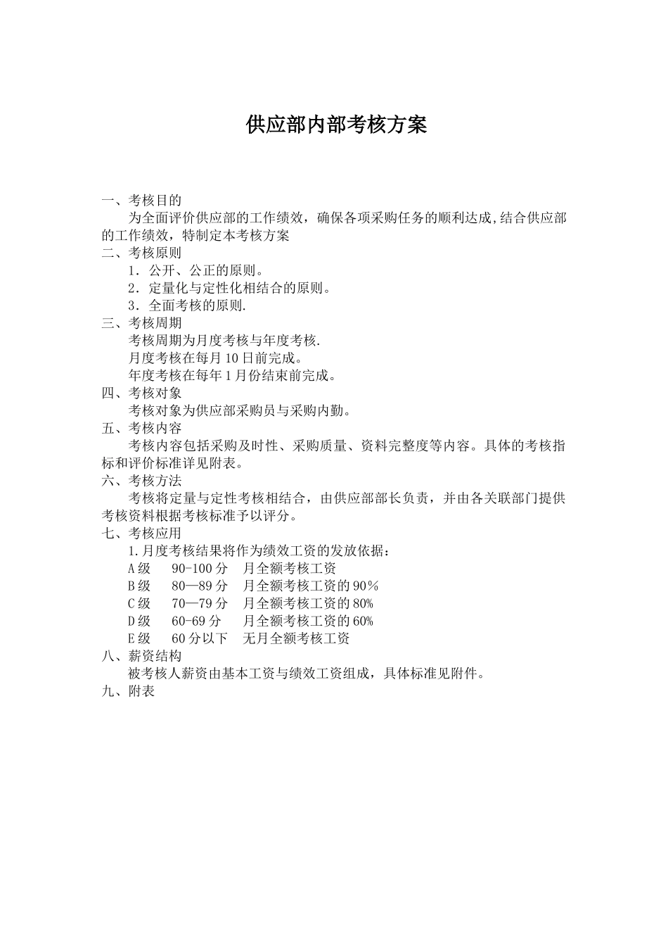 供应部内部考核方案_第1页