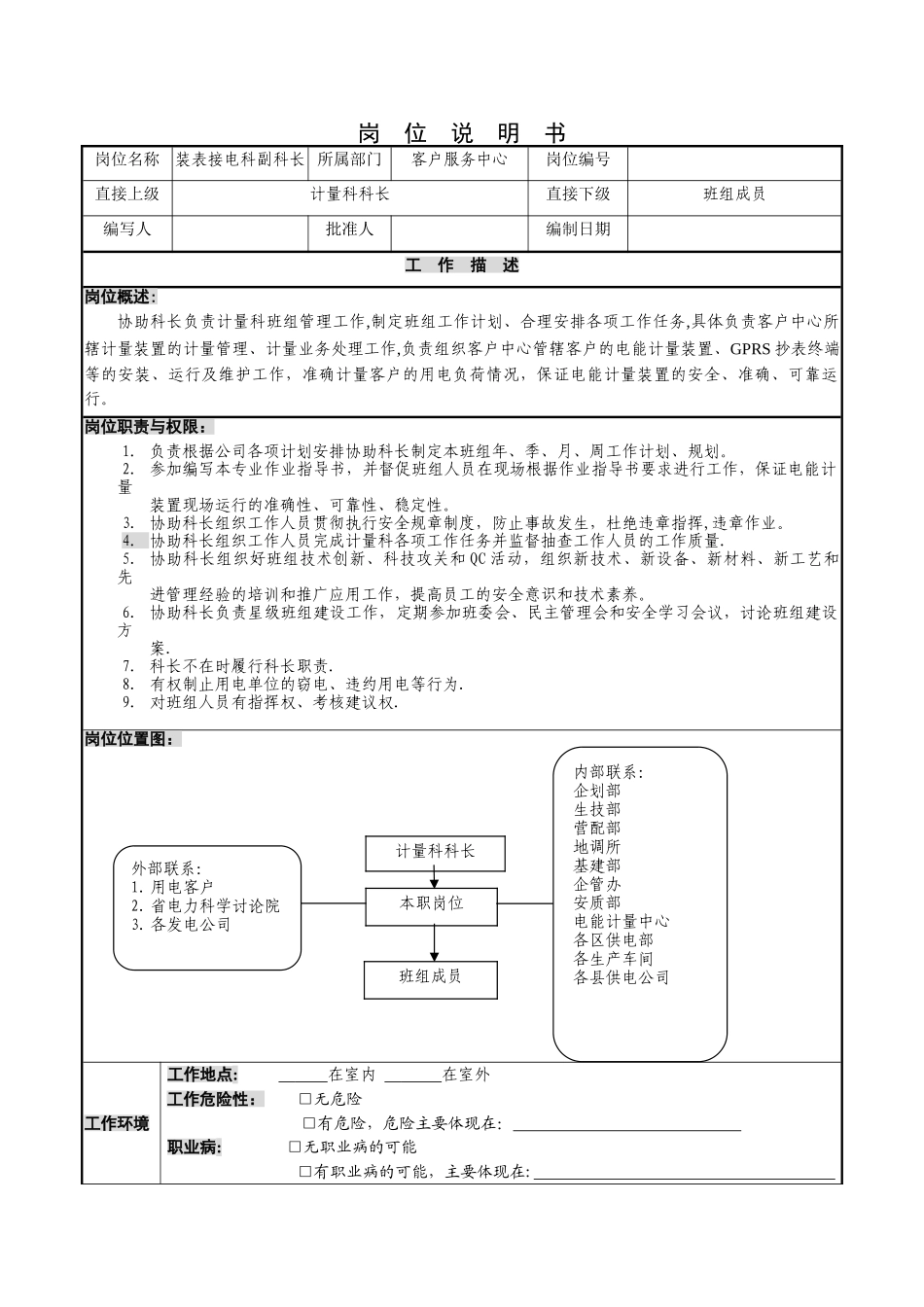 供电公司客户服务中心装表接电科副科长岗位说明书_第1页