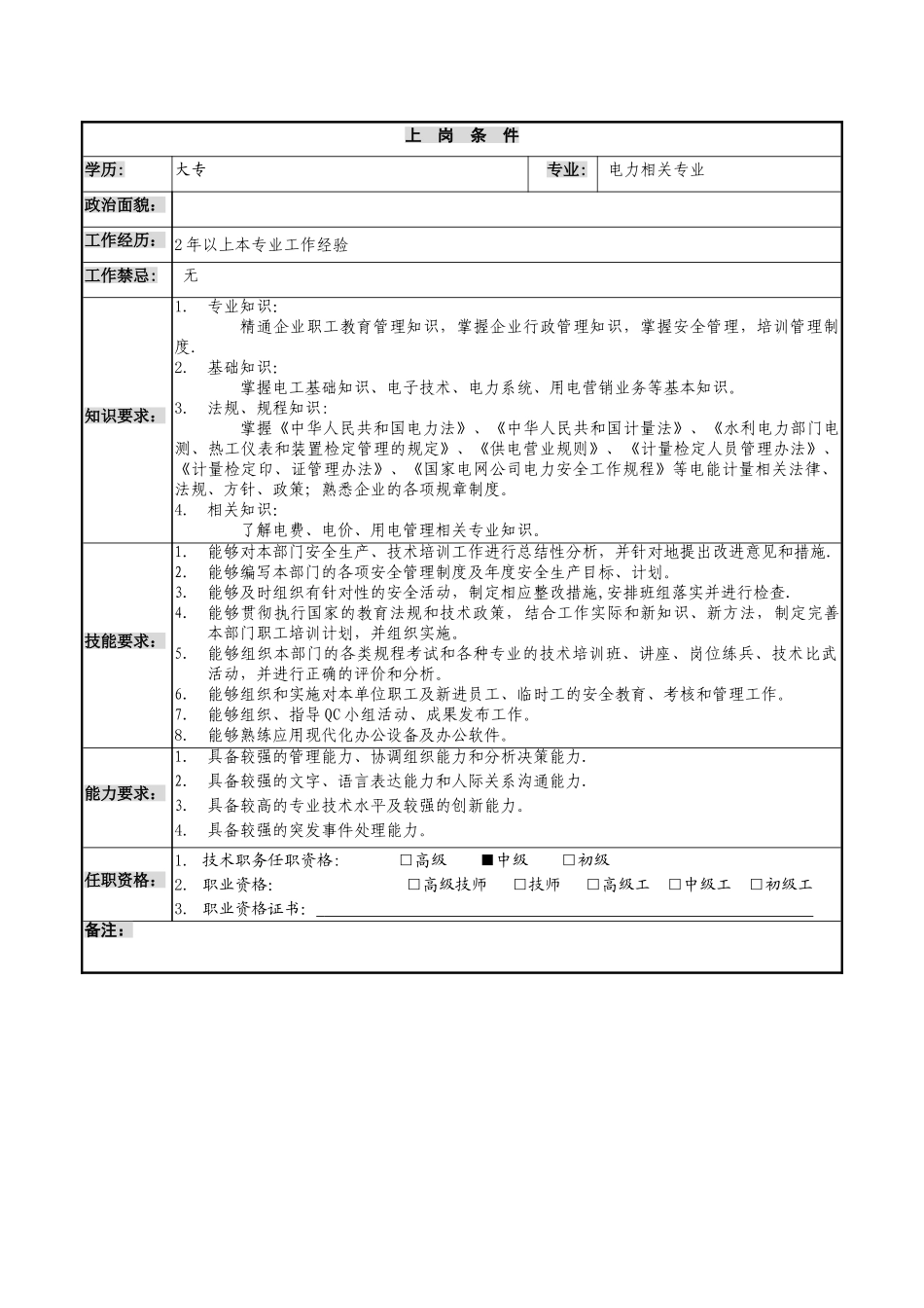 供电公司电能计量中心安全培训专工岗位说明书_第2页