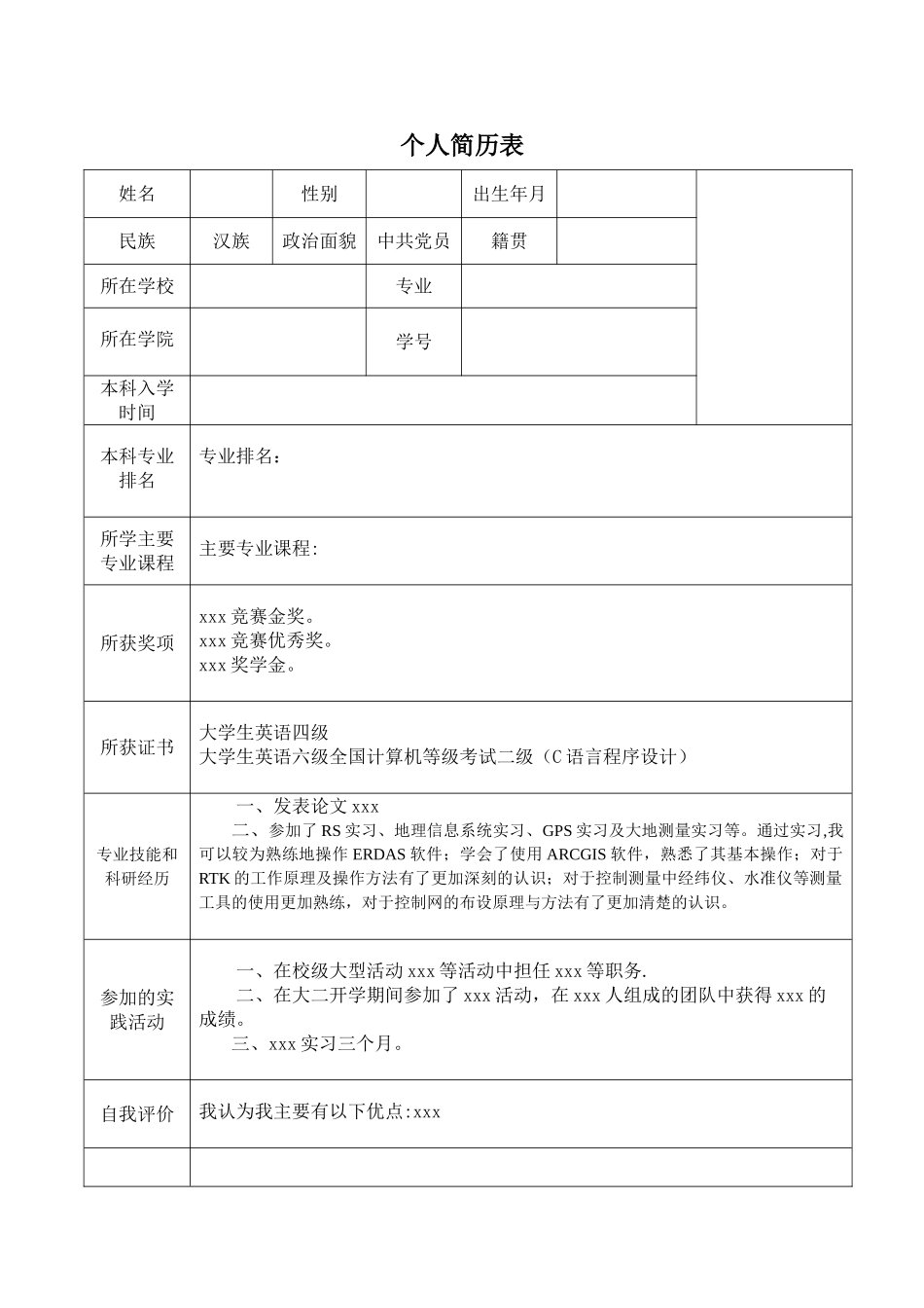 保研考研个人简历表_第1页