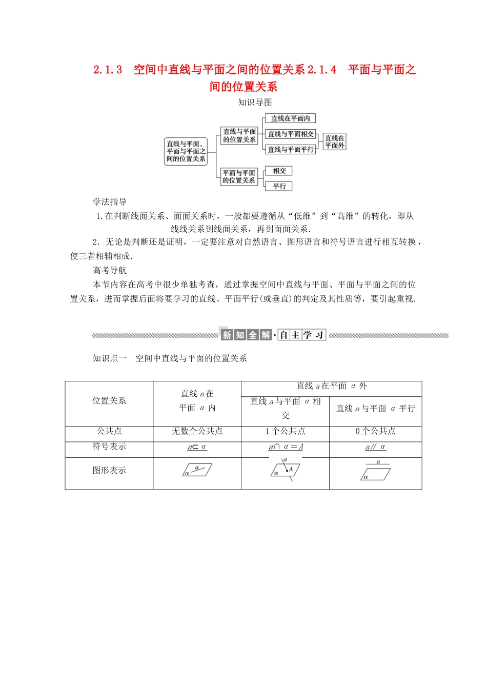 高中数学 第二章 点、直线、平面之间的位置关系 2.1.3 空间中直线与平面之间的位置关系 2.1.4 平面与平面之间的位置关系学案（含解析）新人教A版必修2-新人教A版高一必修2数学学案_第1页