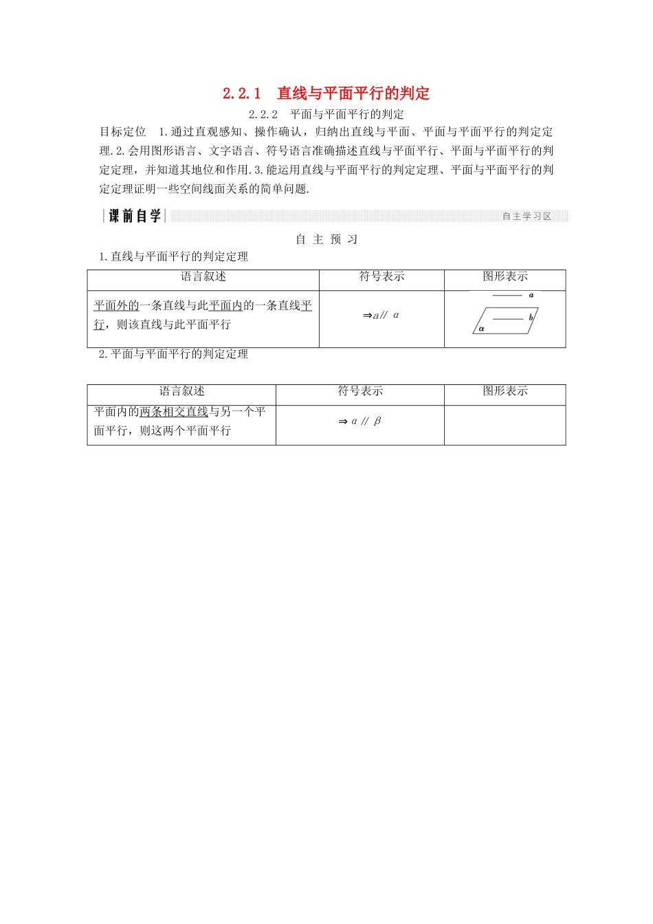 高中数学 第二章 点、直线、平面之间的位置关系 2.2 2.2.1 直线与平面平行的判定 2.2.2 平面与平面平行的判定学案 新人教A版必修2-新人教A版高一必修2数学学案_第1页
