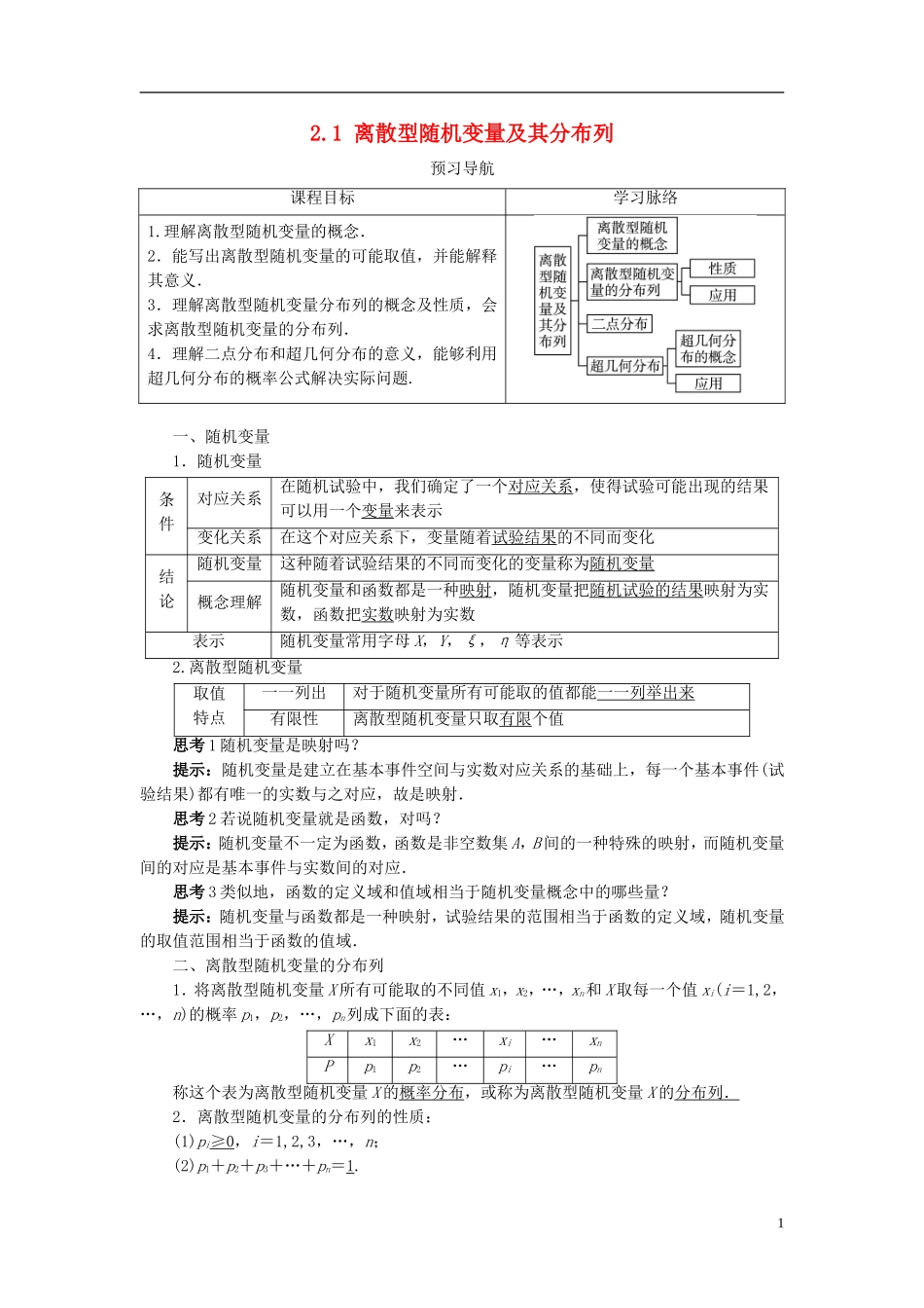 高中数学 第二章 概率 2.1 离散型随机变量及其分布列预习导学案 新人教B版选修2-3-新人教B版高二选修2-3数学学案_第1页