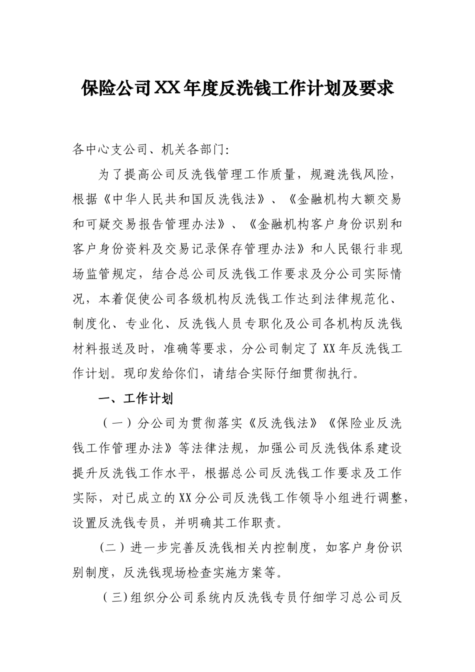 保险公司XX年度反洗钱工作计划_第1页