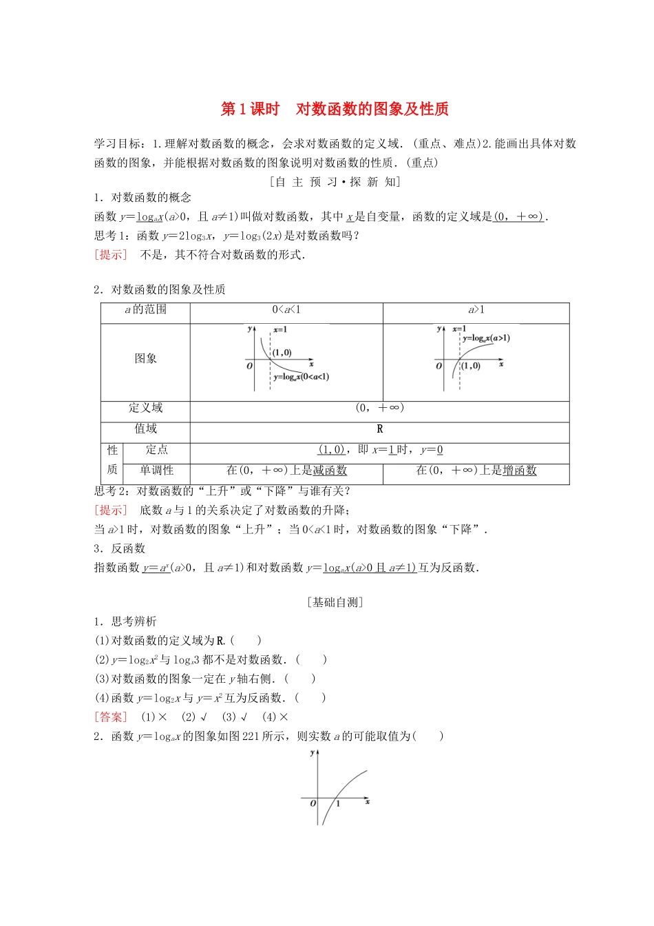 高中数学 第二章 基本初等函数（Ⅰ）2.2 对数函数 2.2.2 对数函数及其性质 第1课时 对数函数的图象及性质学案 新人教A版必修1-新人教A版高一必修1数学学案_第1页