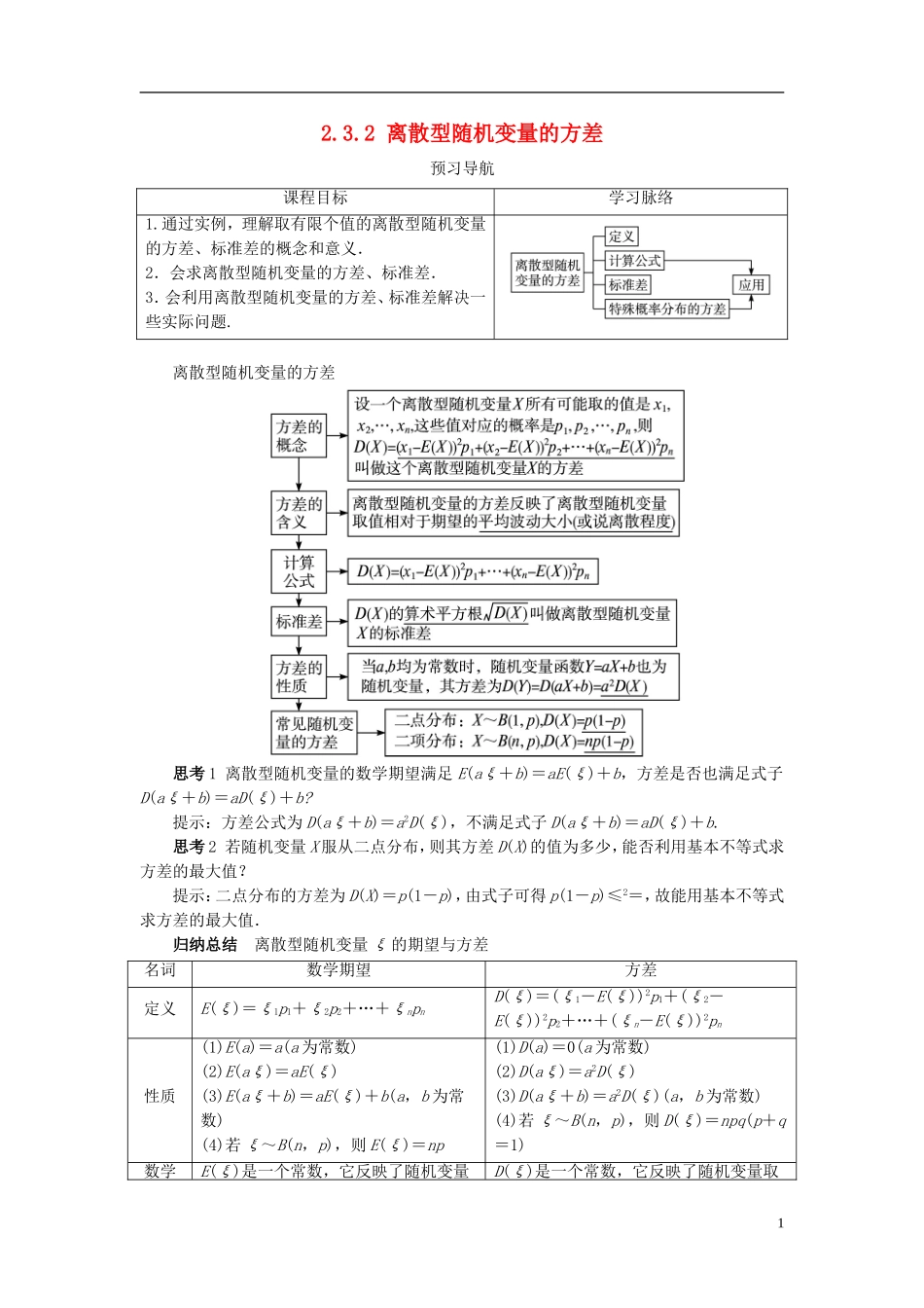 高中数学 第二章 概率 2.3 随机变量的数字特征 2.3.2 离散型随机变量的方差预习导学案 新人教B版选修2-3-新人教B版高二选修2-3数学学案_第1页