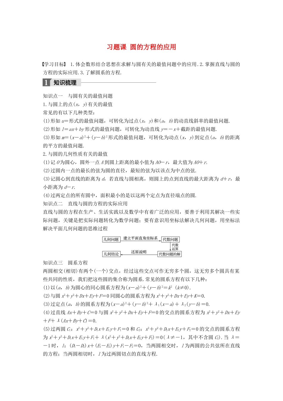 高中数学 第二章 平面解析几何初步 习题课 圆的方程的应用学案 苏教版必修2-苏教版高一必修2数学学案_第1页