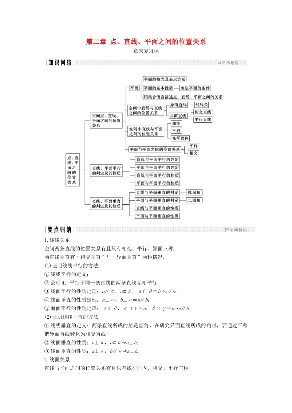 高中数学 第二章 点、直线、平面之间的位置关系章末复习课学案 新人教A版必修2-新人教A版高一必修2数学学案_第1页