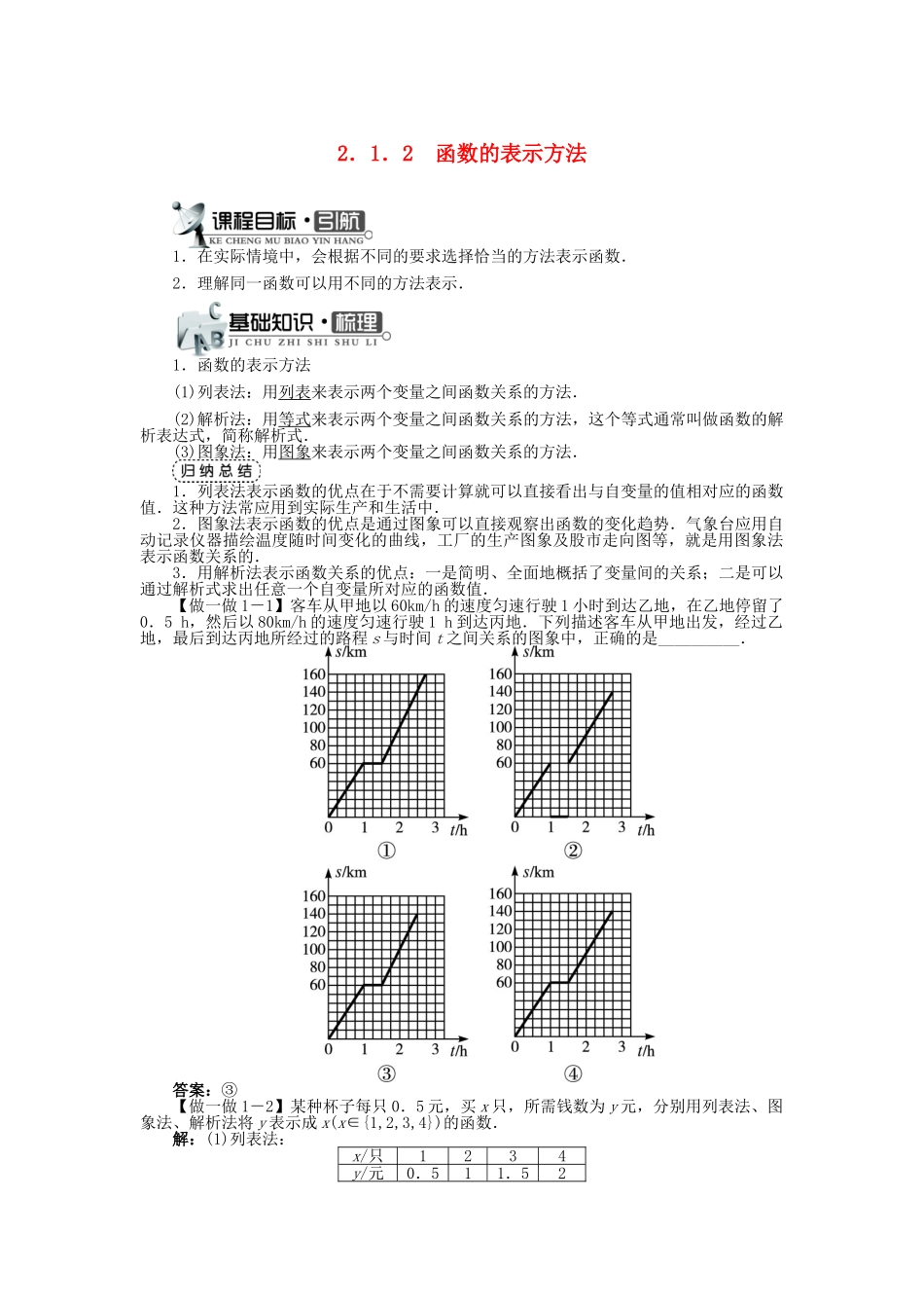 高中数学 第二章 函数概念与基本初等函数I 2.1 函数的概念 2.1.2 函数的表示方法学案 苏教版必修1-苏教版高一必修1数学学案_第1页