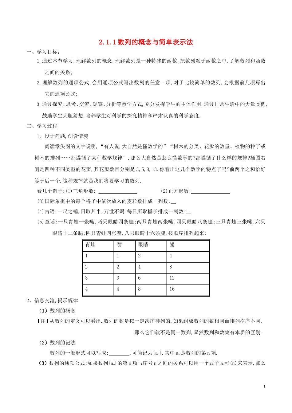 高中数学 第二章 数列 2.1.1 数列的概念与简单表示法学案 新人教A版必修5-新人教A版高二必修5数学学案_第1页