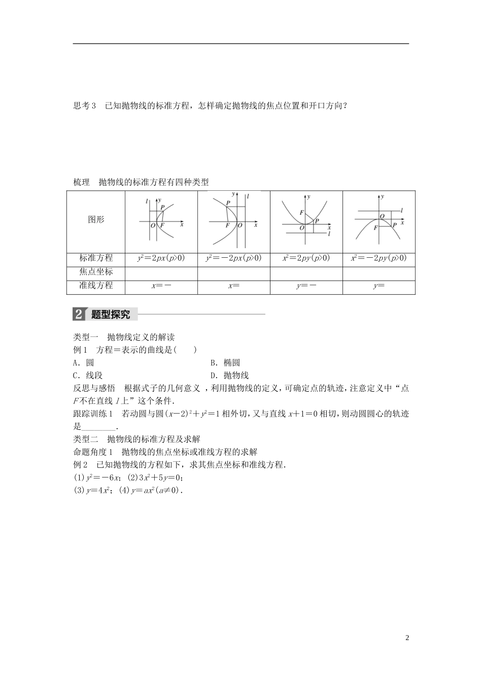 高中数学 第二章 圆锥曲线与方程 2.1 抛物线及其标准方程学案 北师大版选修1-1-北师大版高二选修1-1数学学案_第2页