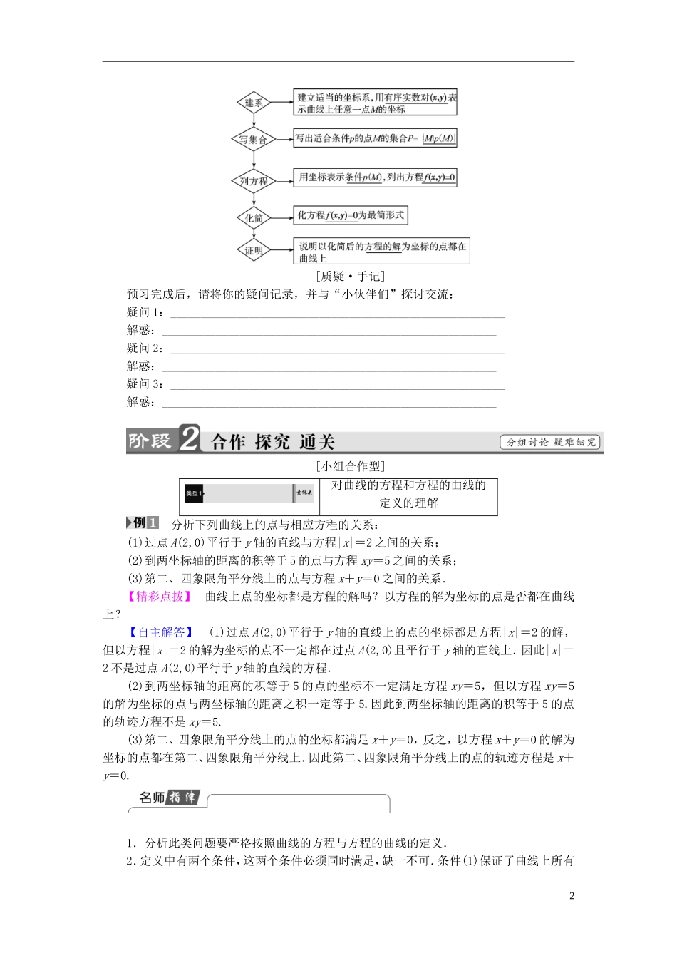 高中数学 第二章 圆锥曲线与方程 2.1 曲线与方程学案 新人教B版选修2-1-新人教B版高二选修2-1数学学案_第2页