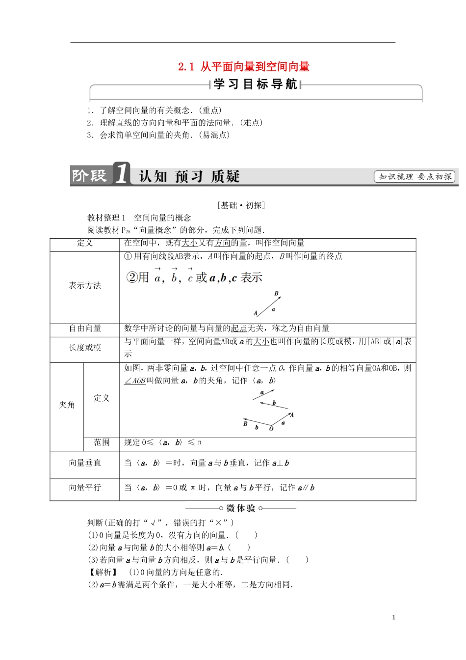 高中数学 第二章 空间向量与立体几何 2.1 从平面向量到空间向量学案 北师大版选修2-1-北师大版高二选修2-1数学学案_第1页