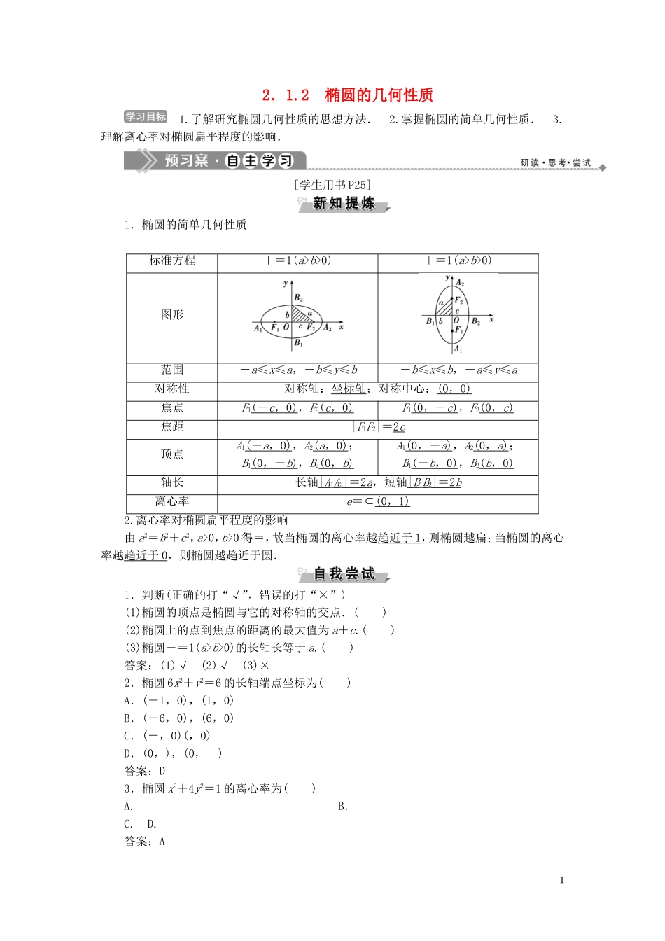 高中数学 第二章 圆锥曲线与方程 2.1 椭圆 2.1.2 椭圆的几何性质学案 新人教B版选修1-1-新人教B版高二选修1-1数学学案_第1页