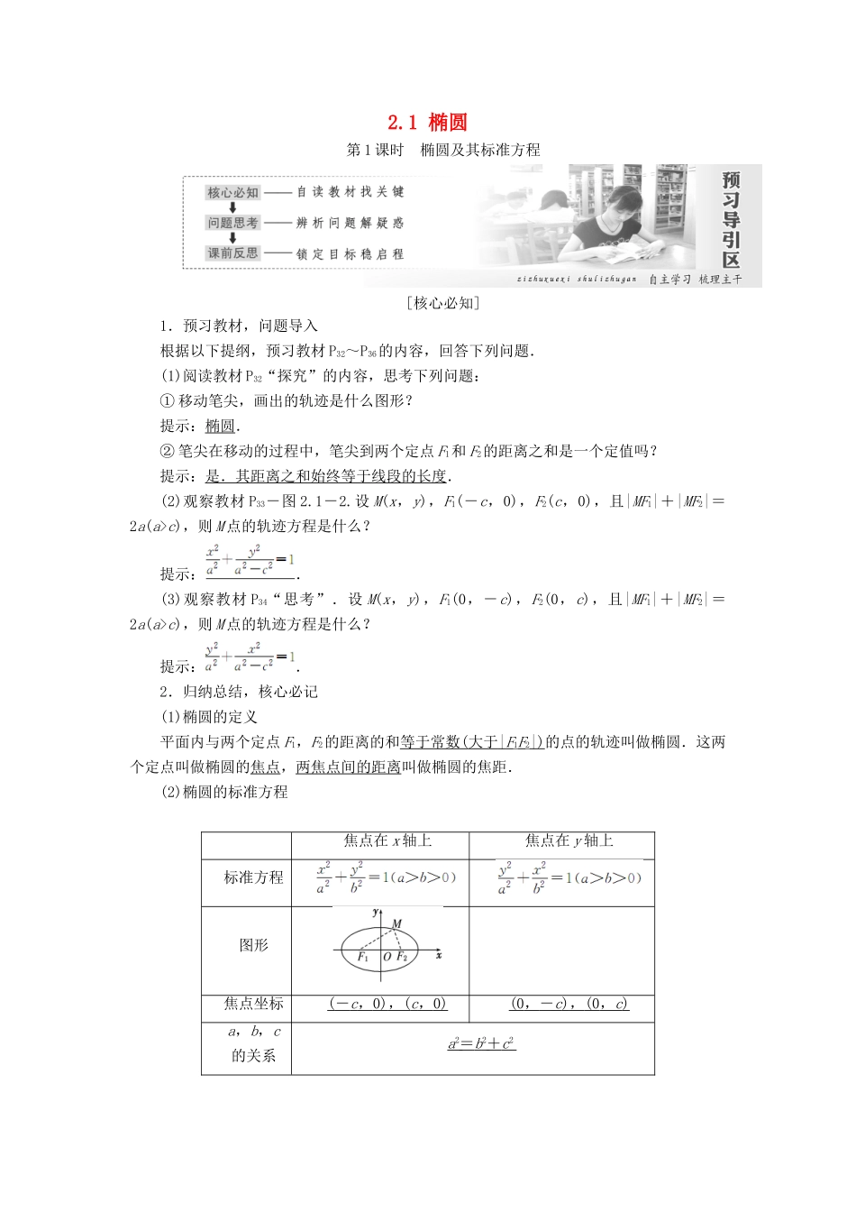 高中数学 第二章 圆锥曲线与方程 2.1 椭圆教学案 新人教A版选修1-1-新人教A版高二选修1-1数学教学案_第1页