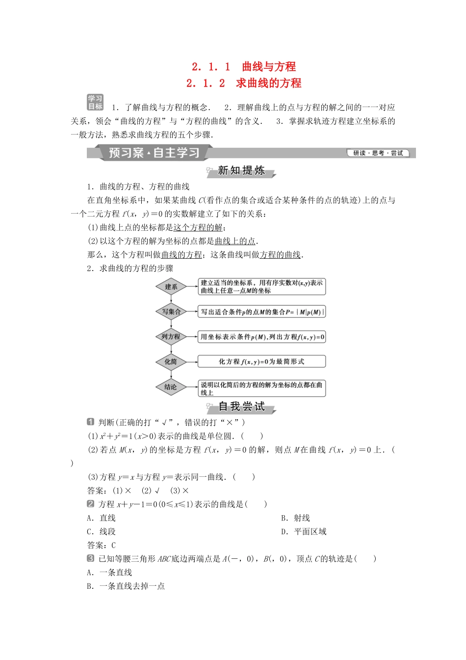 高中数学 第二章 圆锥曲线与方程 2.1.1 曲线与方程 2.1.2 求曲线的方程学案 新人教A版选修2-1-新人教A版高二选修2-1数学学案_第1页