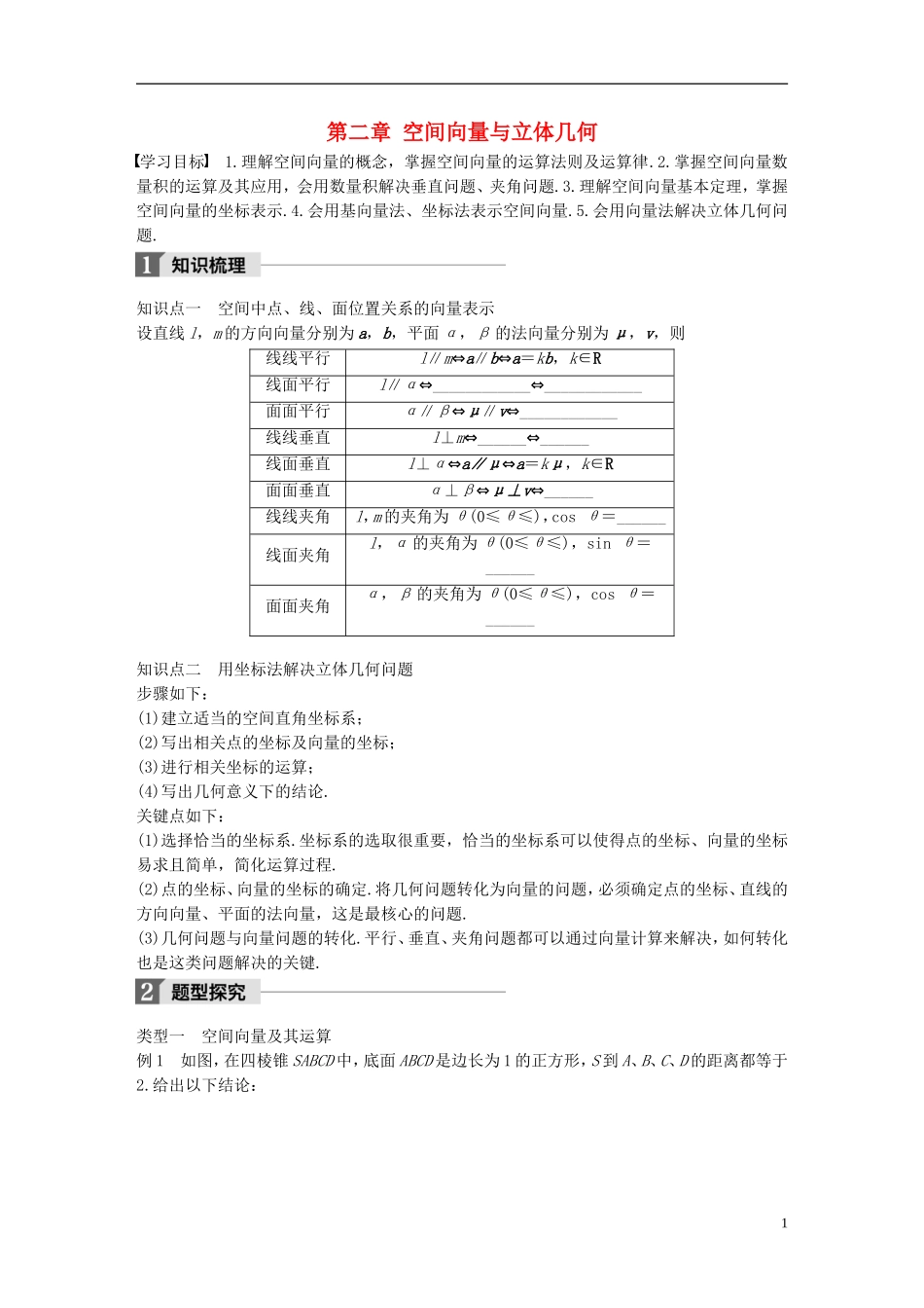 高中数学 第二章 空间向量与立体几何章末复习课学案 北师大版选修2-1-北师大版高二选修2-1数学学案_第1页