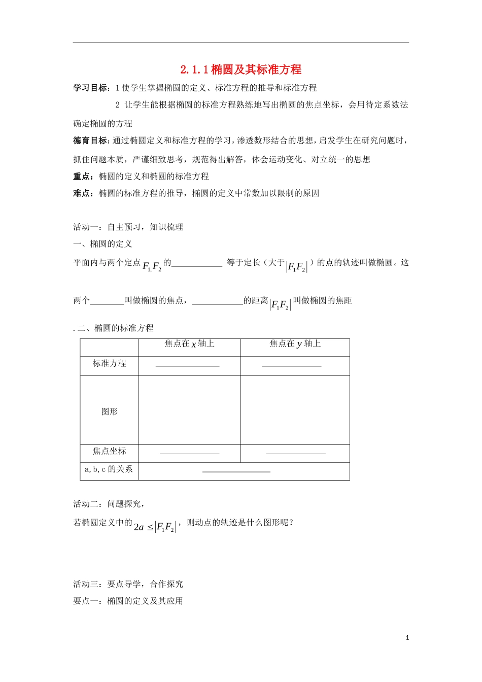 高中数学 第二章 圆锥曲线与方程 2.1.1 椭圆及其标准方程同步导学案 新人教B版选修1-1-新人教B版高二选修1-1数学学案_第1页