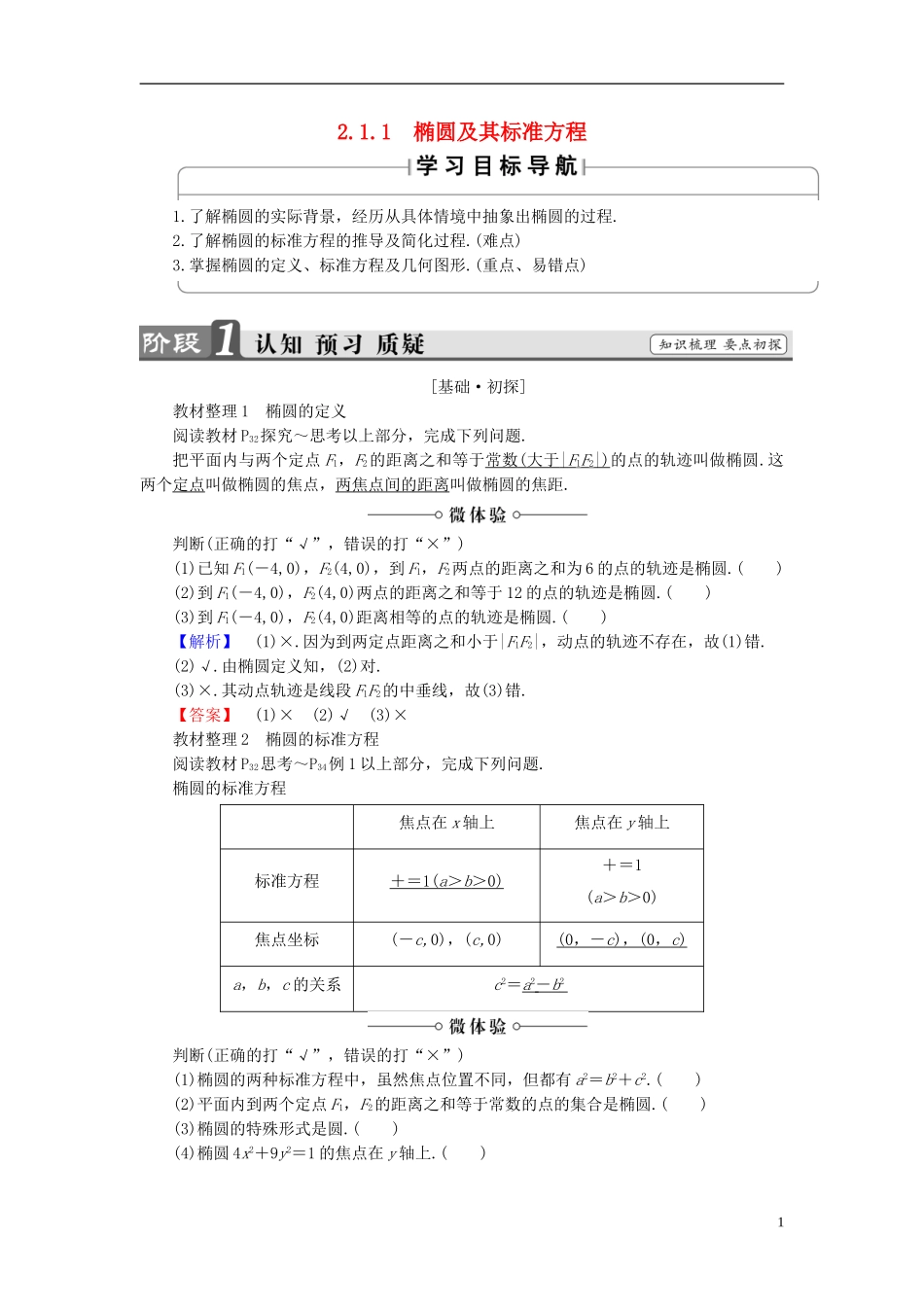 高中数学 第二章 圆锥曲线与方程 2.1.1 椭圆及其标准方程学案 新人教A版选修1-1-新人教A版高二选修1-1数学学案_第1页