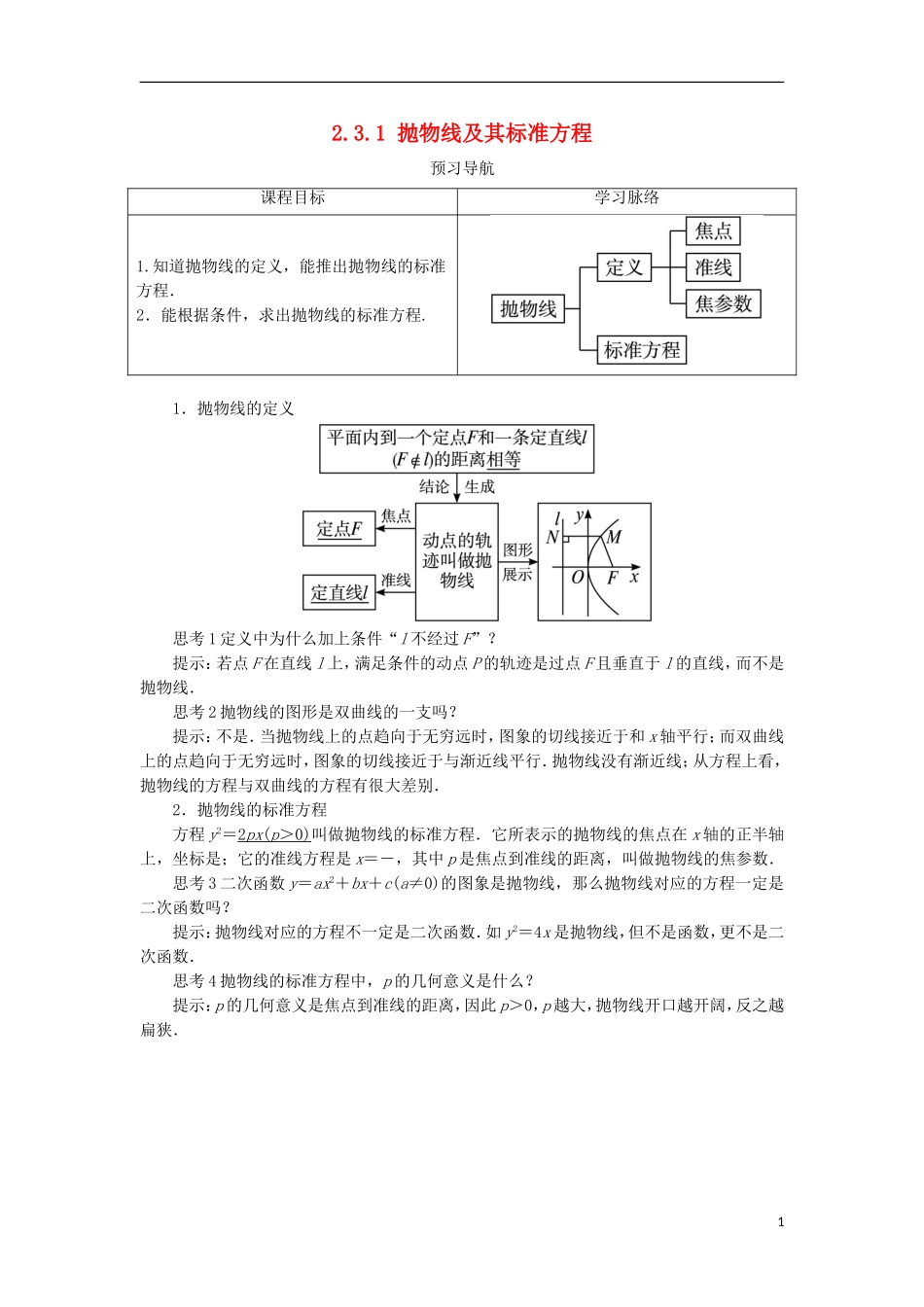高中数学 第二章 圆锥曲线与方程 2.3.1 抛物线及其标准方程预习导学案 新人教B版选修1-1-新人教B版高二选修1-1数学学案_第1页