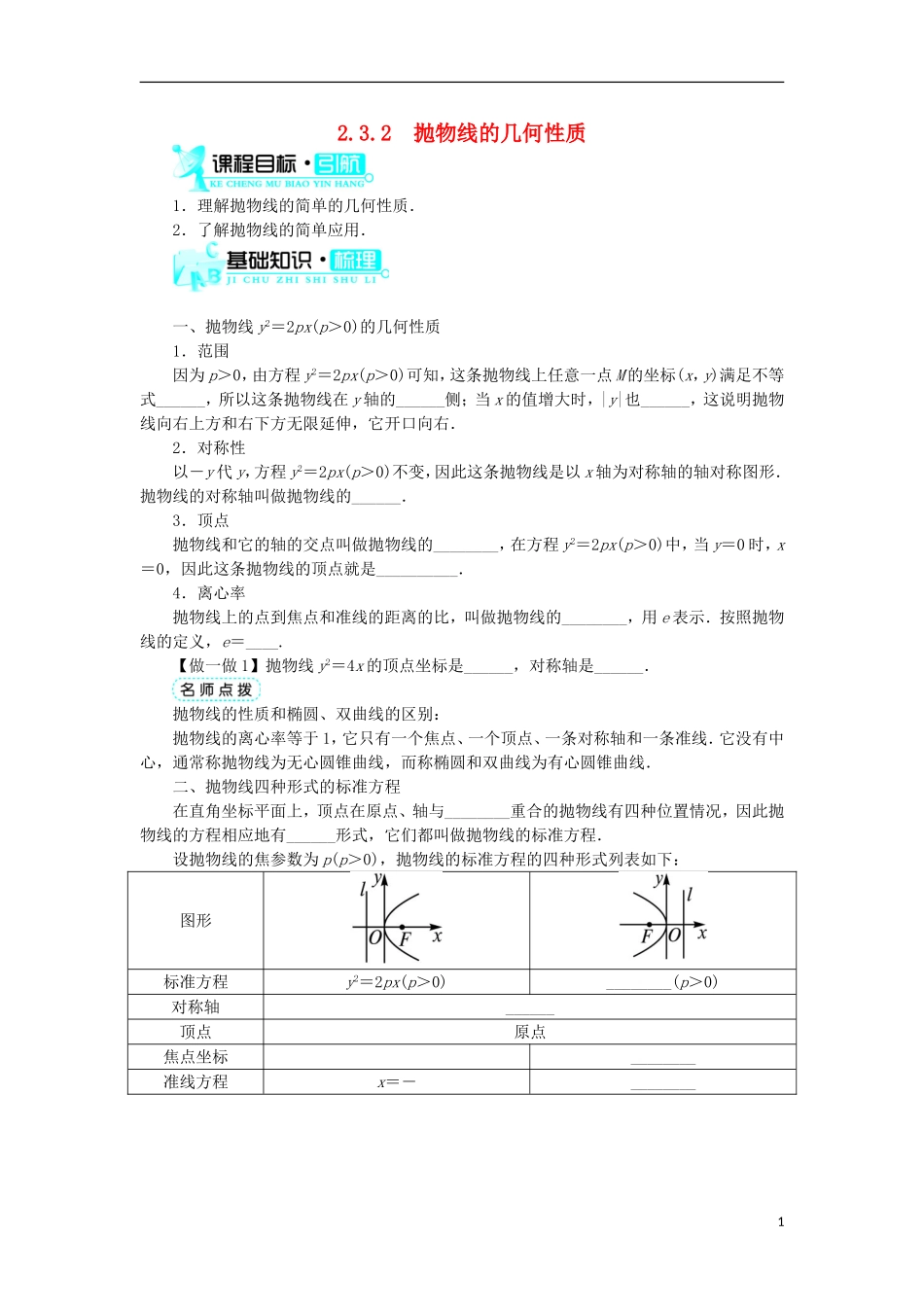 高中数学 第二章 圆锥曲线与方程 2.3.2 抛物线的几何性质学案 新人教B版选修1-1-新人教B版高二选修1-1数学学案_第1页