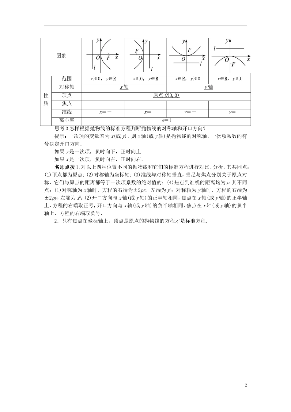 高中数学 第二章 圆锥曲线与方程 2.3.2 抛物线的几何性质预习导学案 新人教B版选修1-1-新人教B版高二选修1-1数学学案_第2页