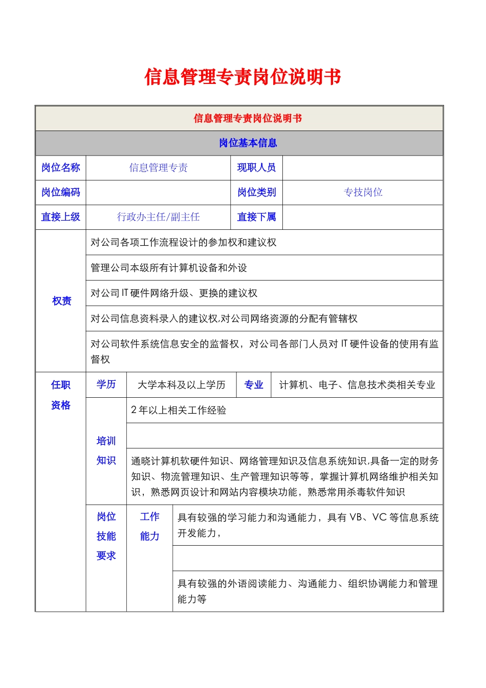 信息管理专责岗位说明书_第1页