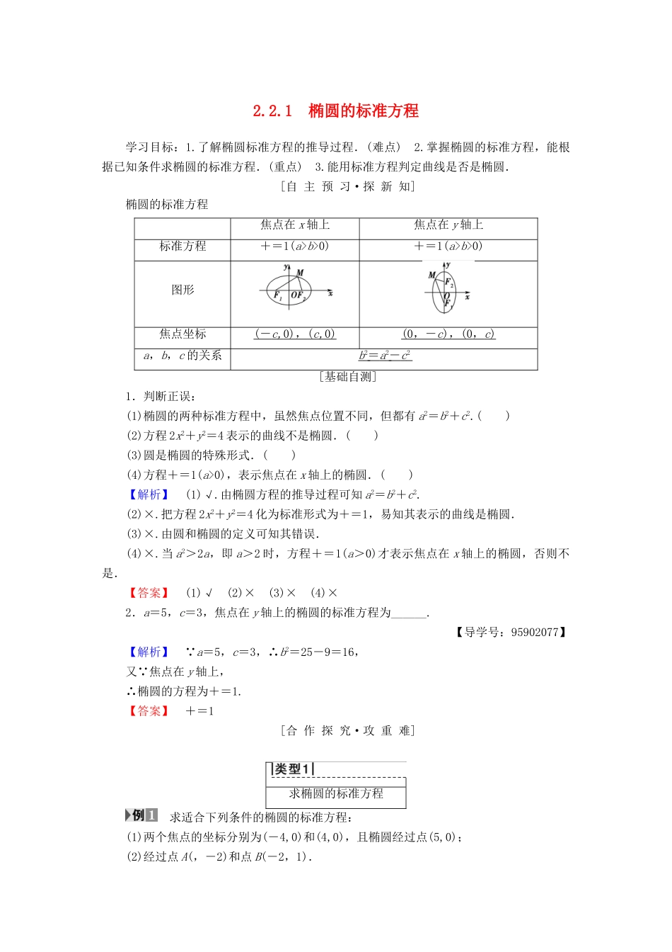高中数学 第二章 圆锥曲线与方程 2.2 椭圆 2.2.1 椭圆的标准方程学案 苏教版选修1-1-苏教版高二选修1-1数学学案_第1页