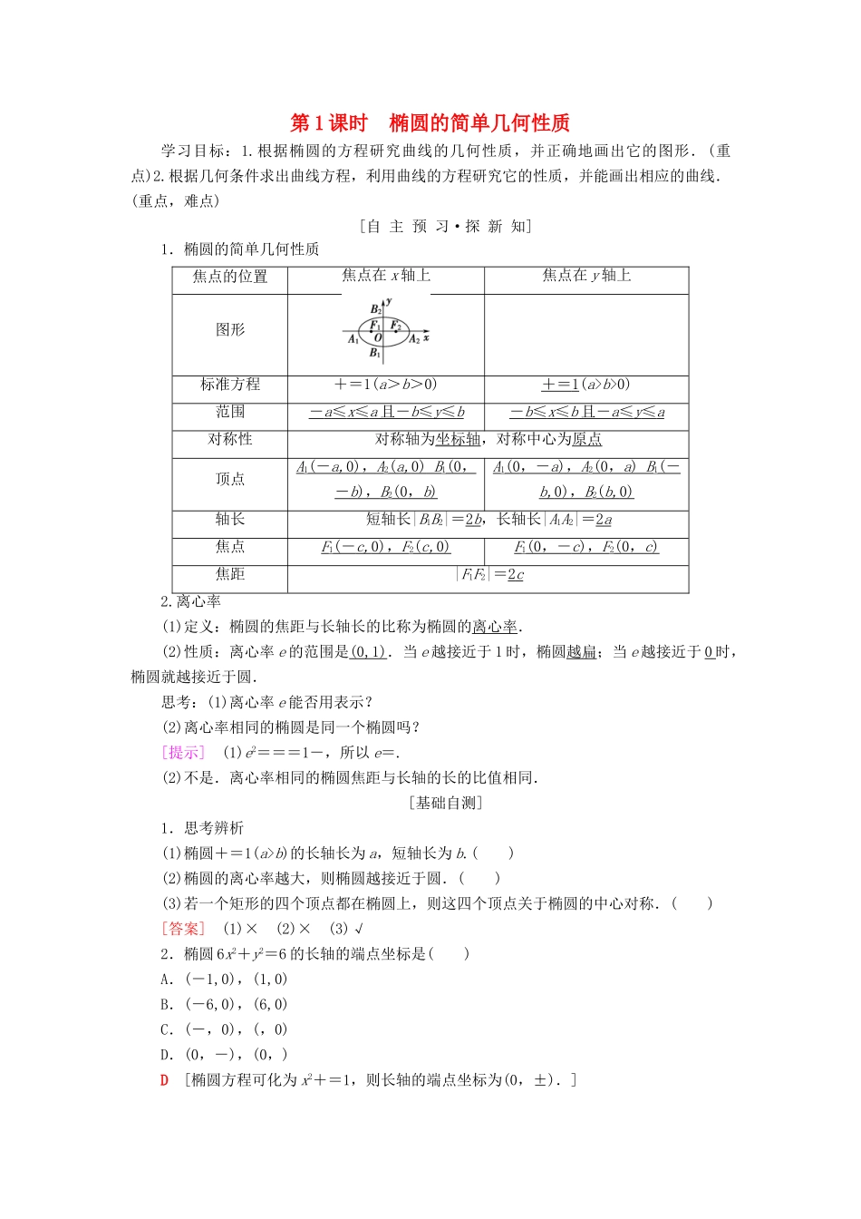 高中数学 第二章 圆锥曲线与方程 2.2 椭圆 2.2.2 第1课时 椭圆的简单几何性质学案 新人教A版选修2-1-新人教A版高二选修2-1数学学案_第1页