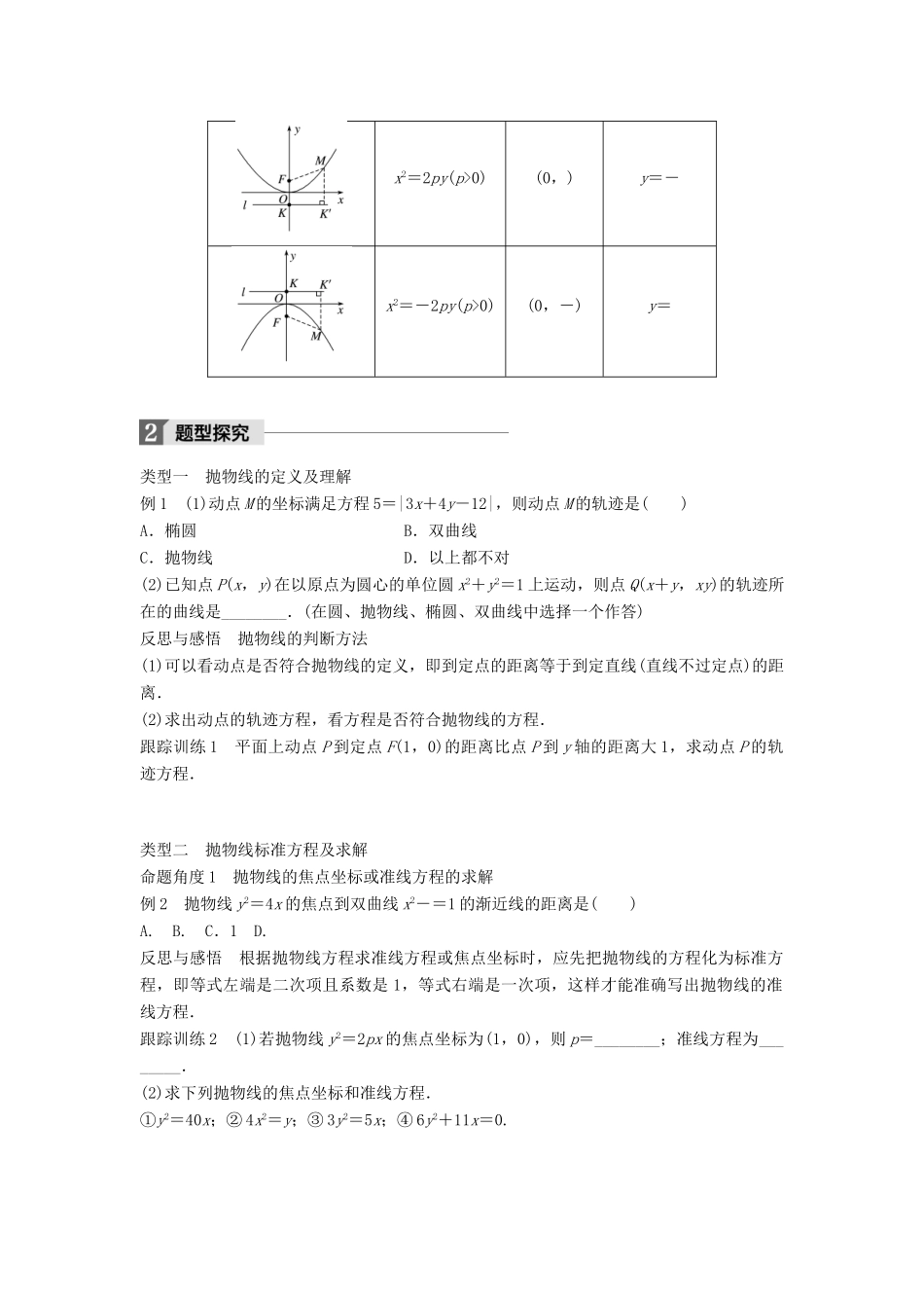 高中数学 第二章 圆锥曲线与方程 2.4.1 抛物线的标准方程学案 新人教B版选修2-1-新人教B版高二选修2-1数学学案_第2页