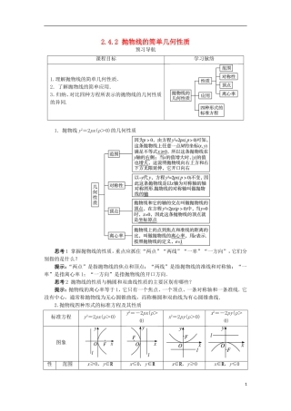 高中数学 第二章 圆锥曲线与方程 2.4.2 抛物线的几何性质预习导航学案 新人教B版选修2-1-新人教B版高二选修2-1数学学案
