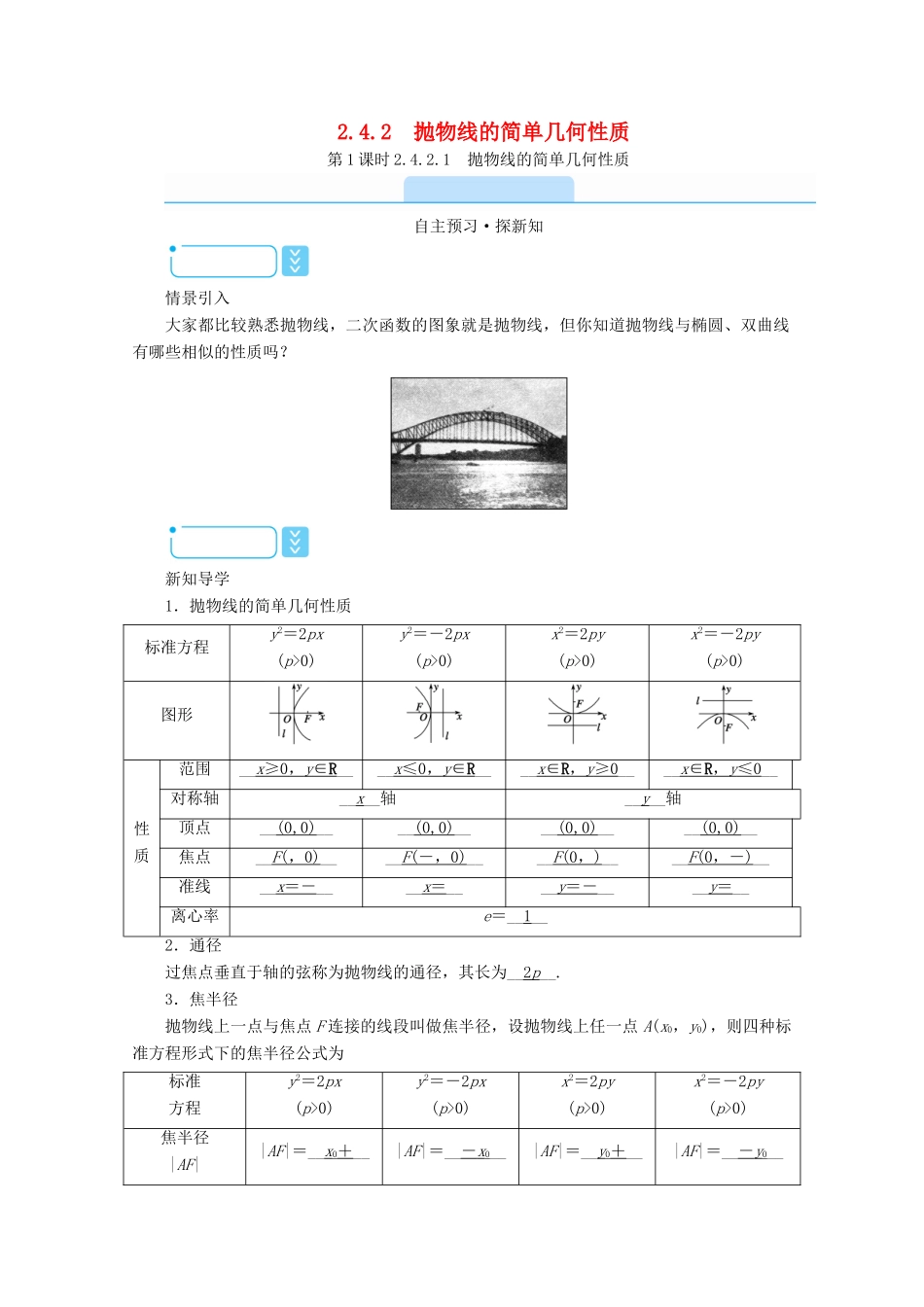 高中数学 第二章 圆锥曲线与方程 2.4.2.1 抛物线的简单几何性质学案（含解析）新人教A版选修2-1-新人教A版高二选修2-1数学学案_第1页