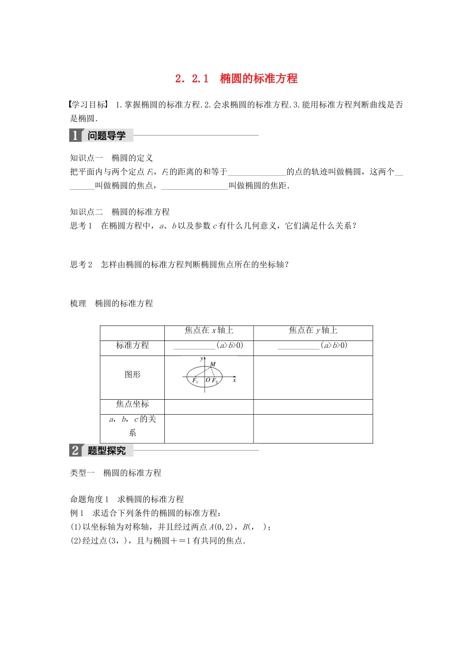 高中数学 第二章 圆锥曲线与方程 2.2.1 椭圆的标准方程学案 苏教版选修1-1-苏教版高二选修1-1数学学案_第1页