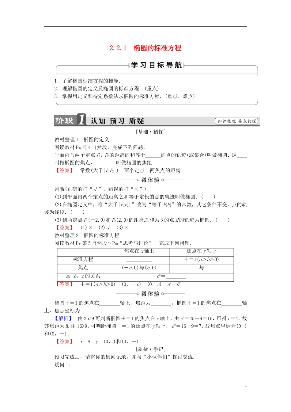 高中数学 第二章 圆锥曲线与方程 2.2.1 椭圆的标准方程学案 新人教B版选修2-1-新人教B版高二选修2-1数学学案_第1页