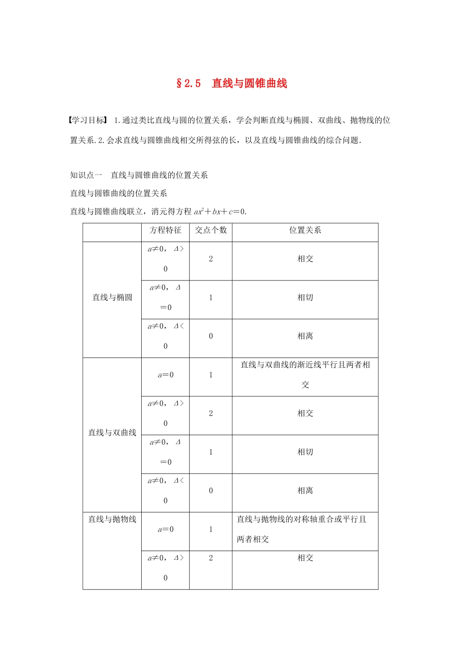 高中数学 第二章 圆锥曲线与方程 2.5 直线与圆锥曲线学案（含解析）新人教B版选修2-1-新人教B版高二选修2-1数学学案_第1页