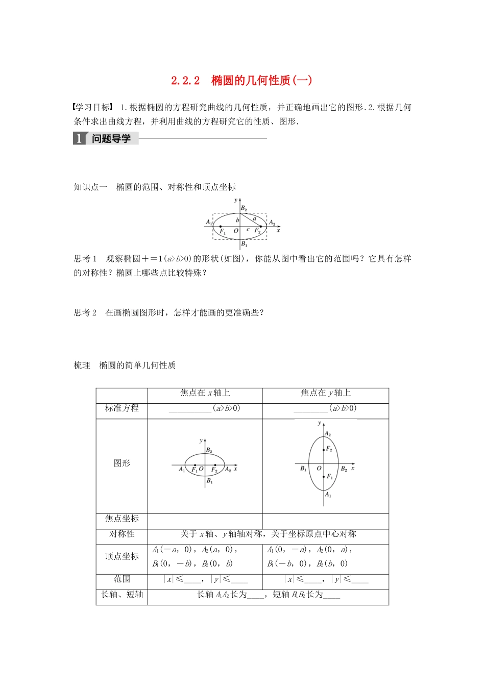 高中数学 第二章 圆锥曲线与方程 2.2.2 椭圆的几何性质（一）学案 新人教B版选修2-1-新人教B版高二选修2-1数学学案_第1页