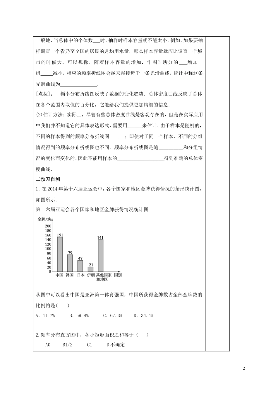 高中数学 第二章 统计 2.2.1 用样本的频率分布估计总体分布（1）学案 新人教A版必修3-新人教A版高二必修3数学学案_第2页