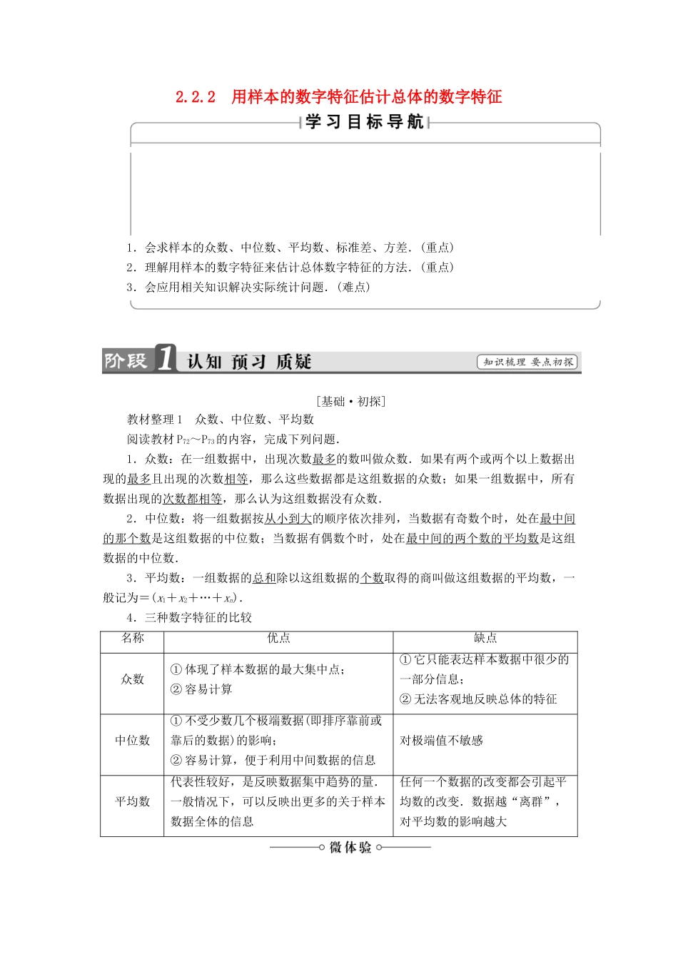 高中数学 第二章 统计 2.2.2 用样本的数字特征估计总体的数字特征学案 新人教A版必修3-新人教A版高一必修3数学学案_第1页