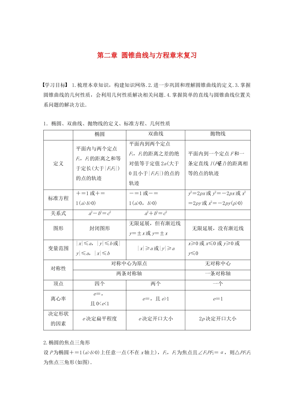高中数学 第二章 圆锥曲线与方程章末复习学案（含解析）新人教B版选修1-1-新人教B版高二选修1-1数学学案_第1页