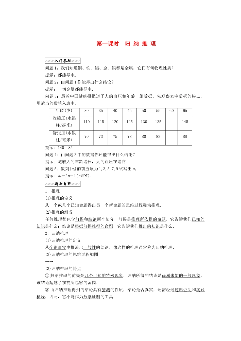 高中数学 第二章 推理与证明 2.1 合情推理与演绎推理 2.1.1 导数的概念 第一课时 归纳推理教学案 苏教版选修2-2-苏教版高二选修2-2数学教学案_第1页