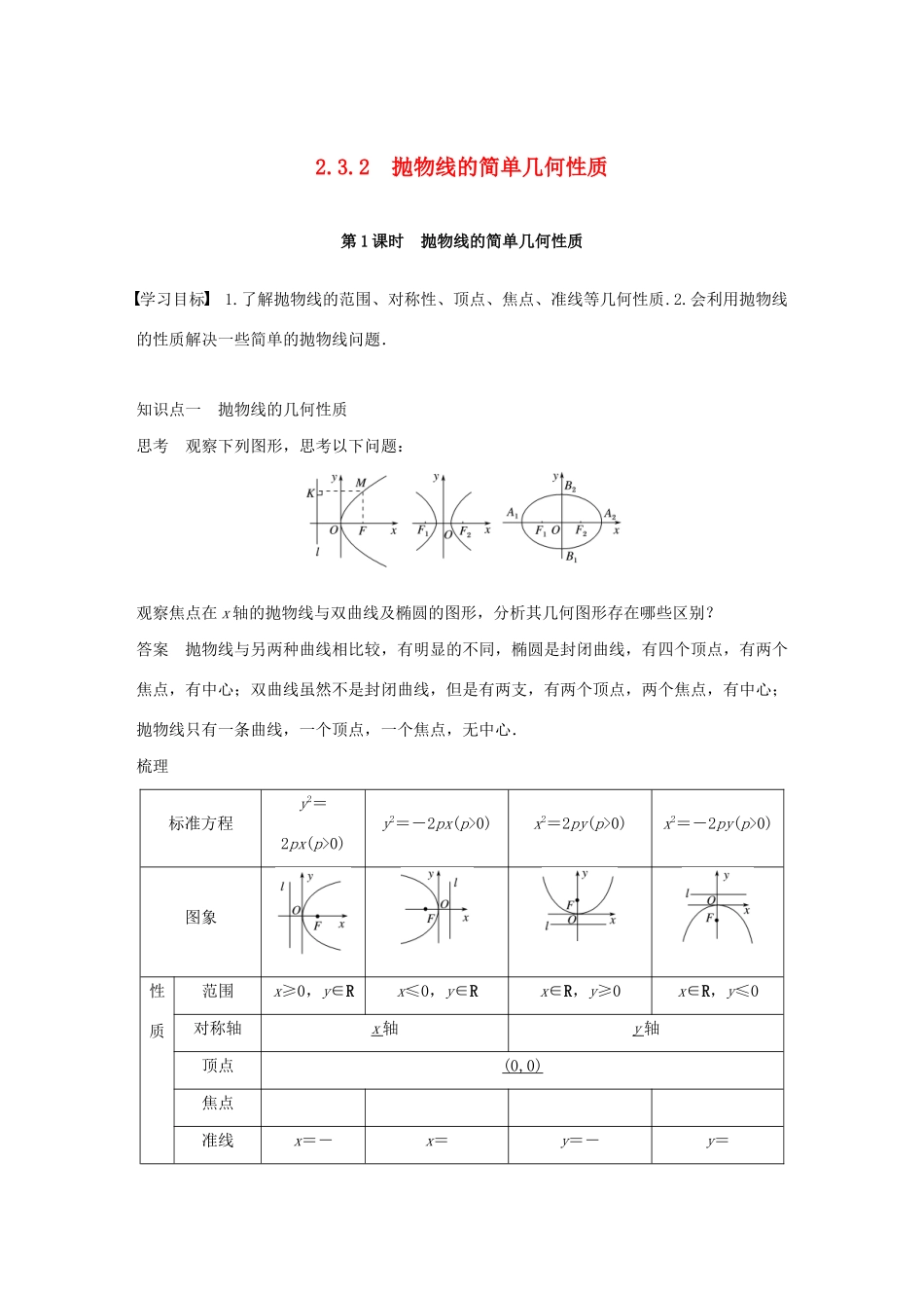 高中数学 第二章 圆锥曲线与方程 2.3 抛物线 2.3.2 抛物线的简单几何性质 第1课时 抛物线的简单几何性质学案（含解析）新人教A版选修1-1-新人教A版高二选修1-1数学学案_第1页
