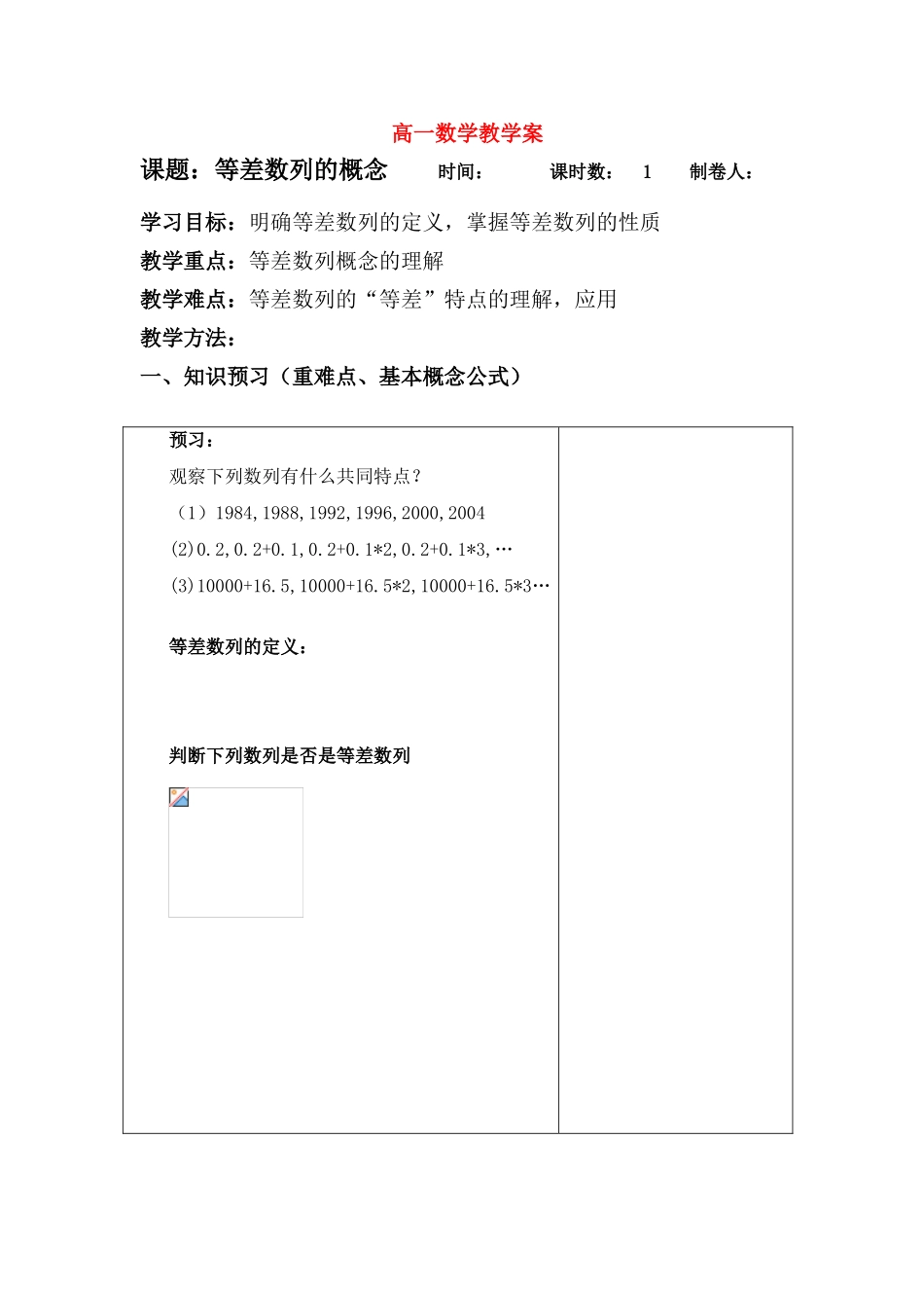 高中数学 等差数列的概念教学案 苏教版必修5高一数学_第1页