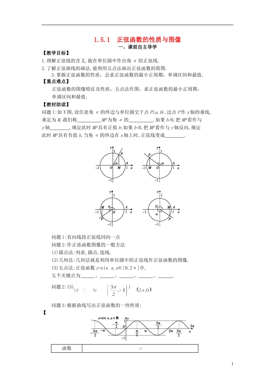 高中数学《1.5.1 正弦函数的性质与图像》教学案 新人教版必修4-新人教版高二必修4数学教学案_第1页