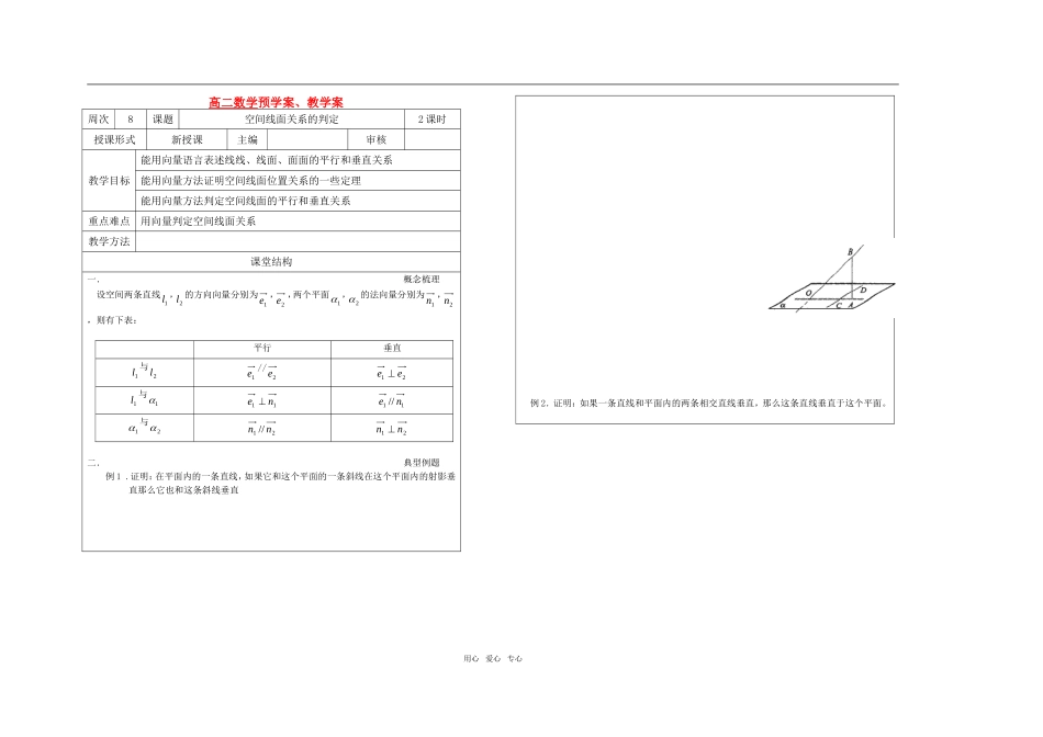 高中数学 第八周 空间线面关系的判定教学案 苏教版选修2-1_第1页