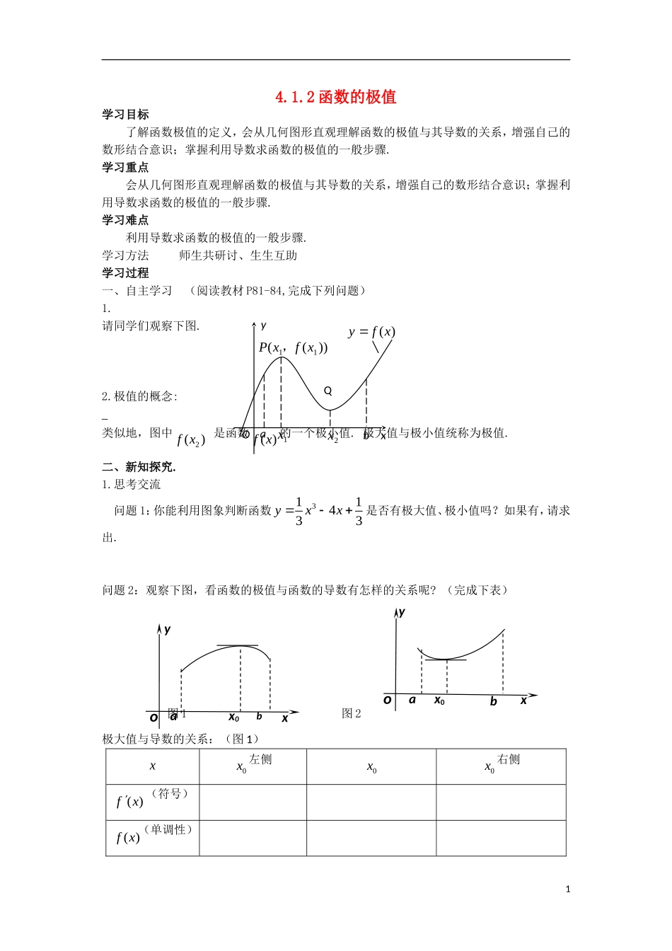 高中数学 第四章 导数应用 4.1 函数的单调性与极值 4.1.2 函数的极值学案 北师大版选修1-1-北师大版高二选修1-1数学学案_第1页