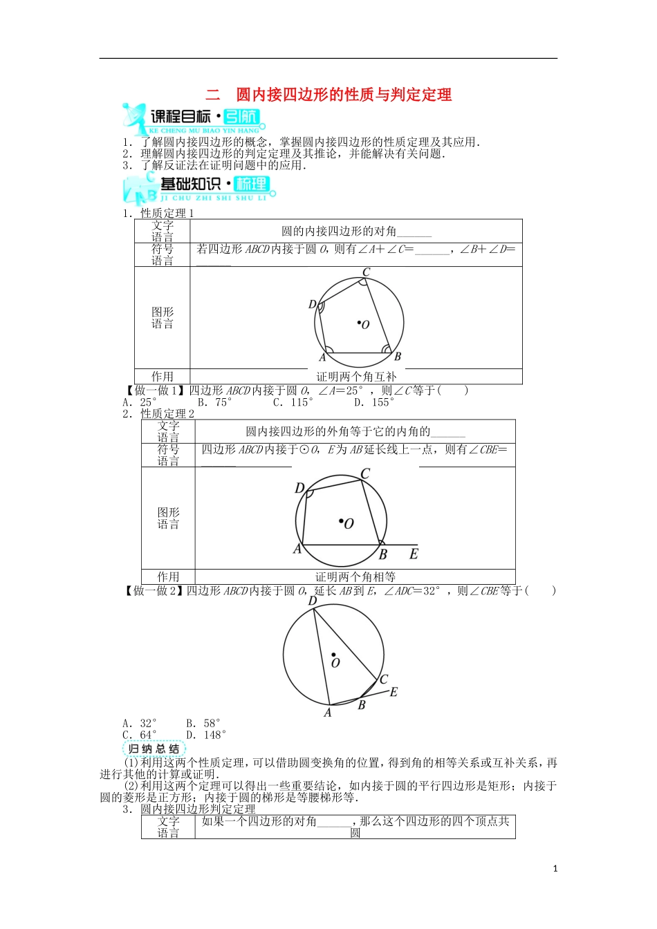 高中数学 第二讲 直线与圆的位置关系 二 圆内接四边形的性质与判定定理学案 新人教A版选修4-1-新人教A版高二选修4-1数学学案_第1页