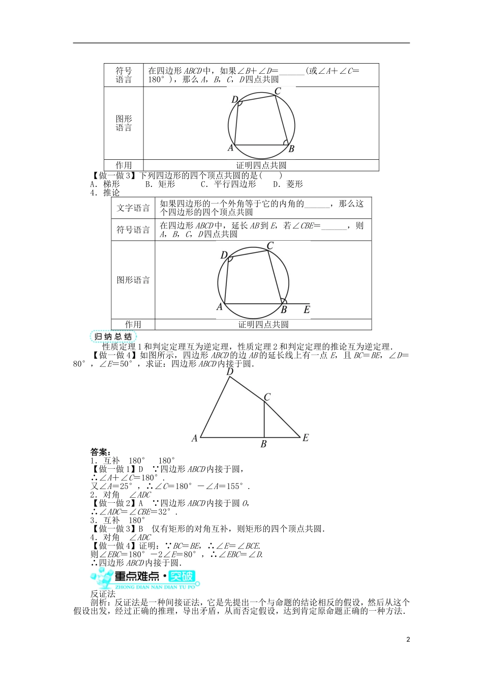 高中数学 第二讲 直线与圆的位置关系 二 圆内接四边形的性质与判定定理学案 新人教A版选修4-1-新人教A版高二选修4-1数学学案_第2页