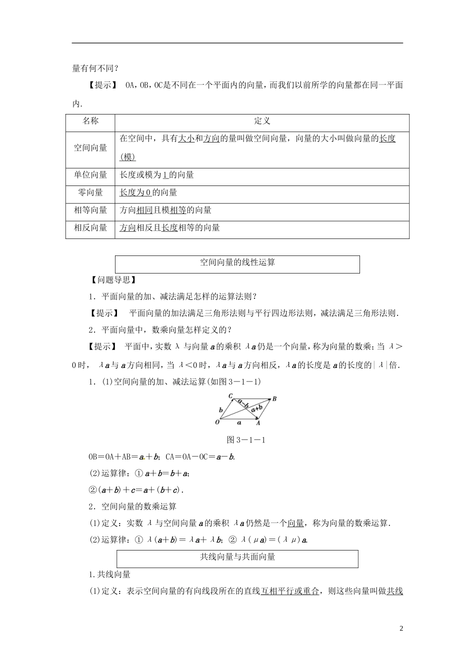 高中数学《3.1.1空间向量及其加减运算》教学案 新人教A版选修2-1-新人教A版高二选修2-1数学教学案_第2页
