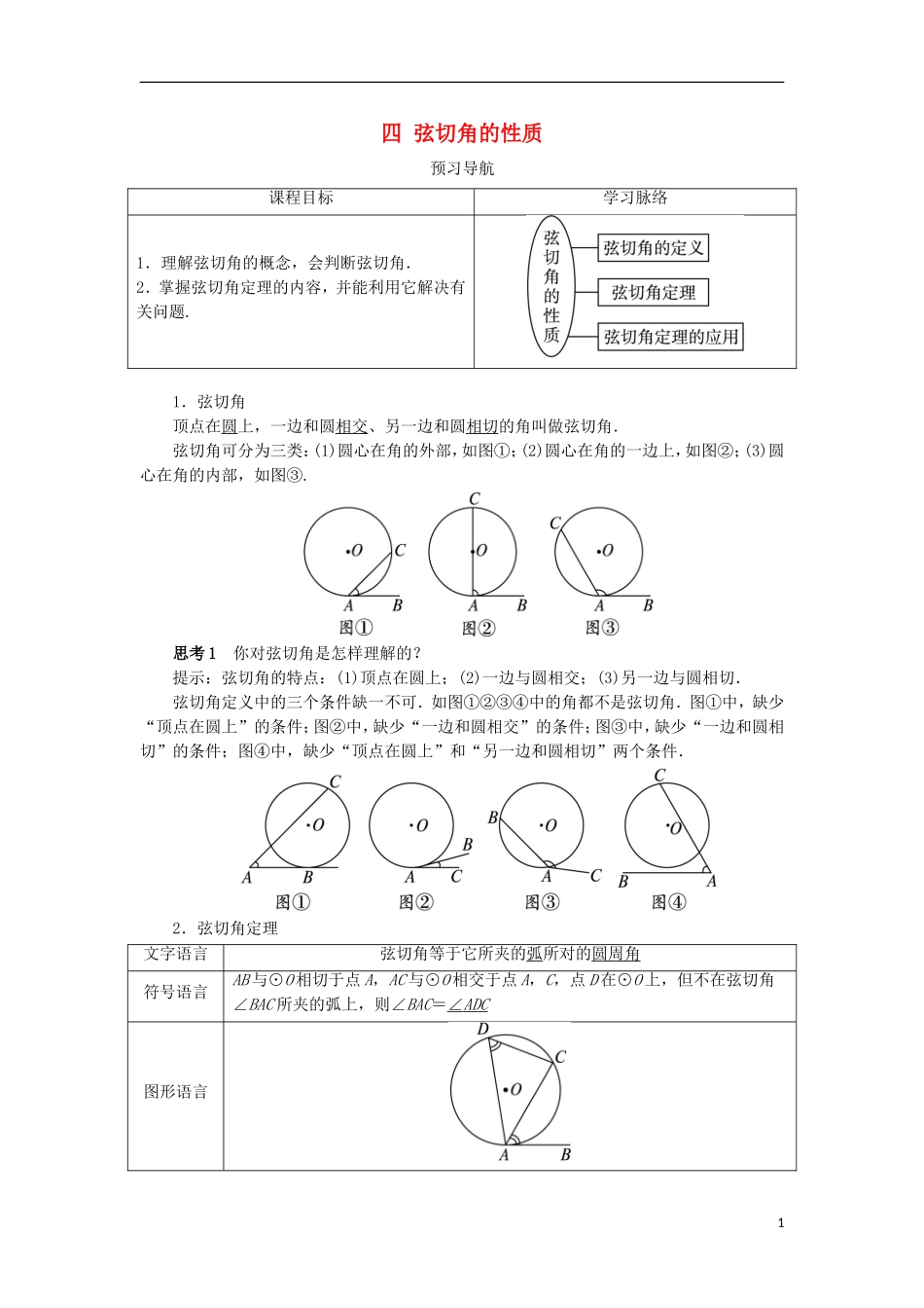 高中数学 第二讲 直线与圆的位置关系 四 弦切角的性质预习导学案 新人教A版选修4-1-新人教A版高二选修4-1数学学案_第1页