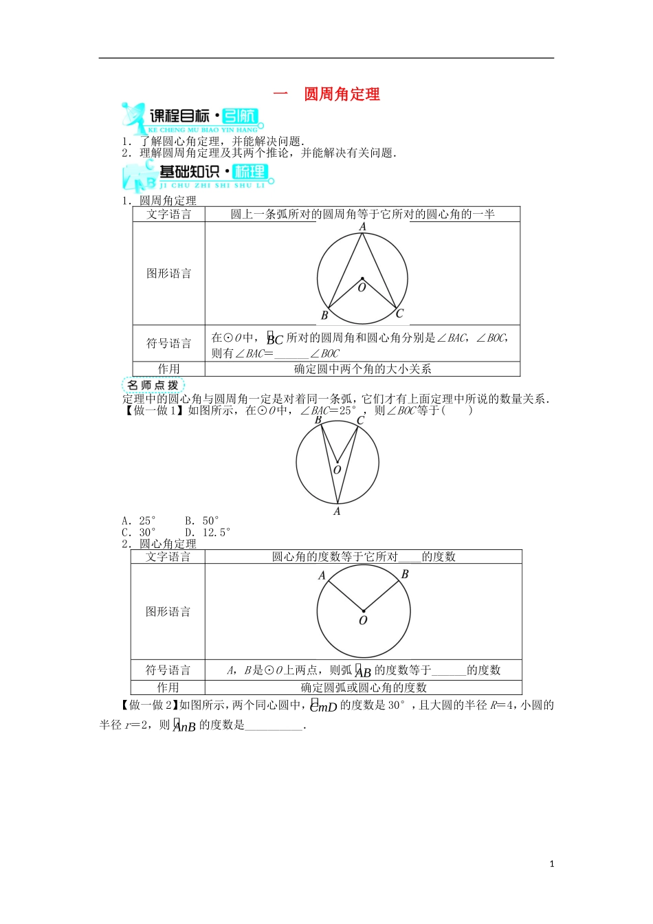 高中数学 第二讲 直线与圆的位置关系 一 圆周角定理学案 新人教A版选修4-1-新人教A版高二选修4-1数学学案_第1页